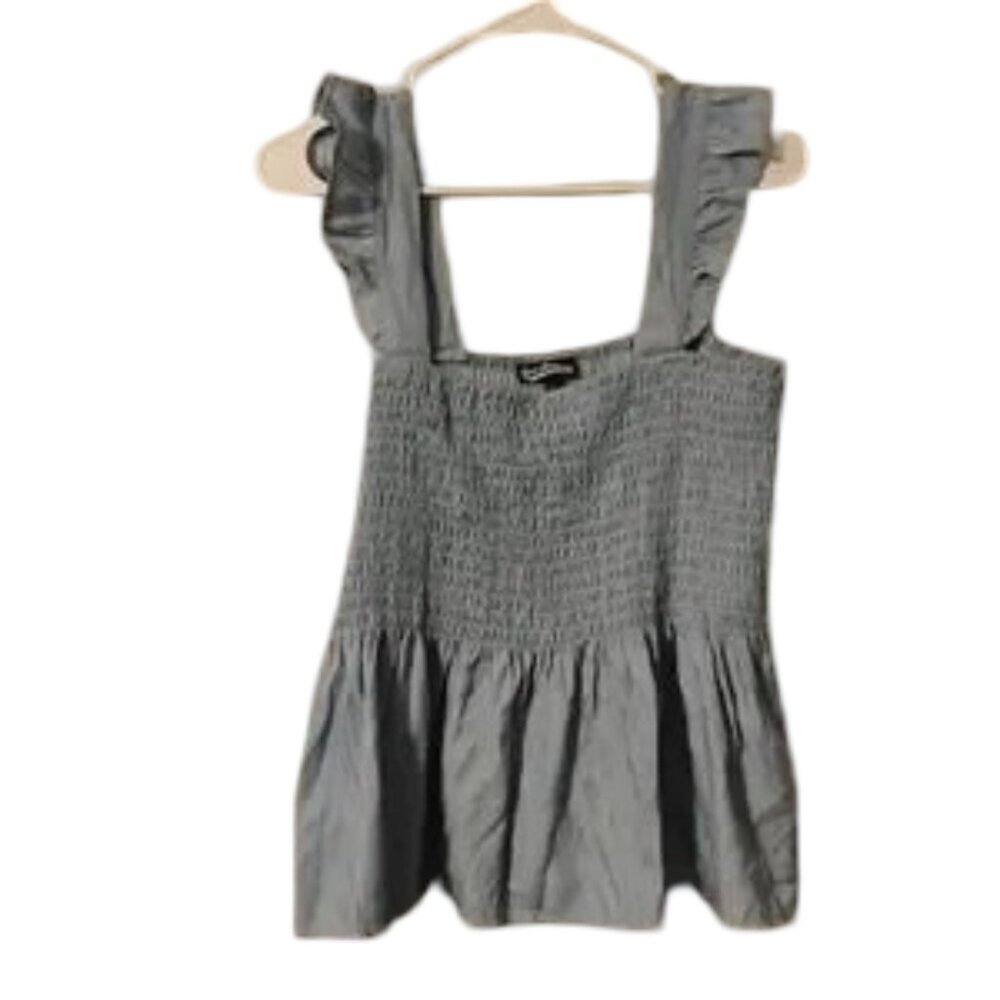 Freshman Sky Womens Large Blue Ruffled Smocked Peplum Cropped Blouse